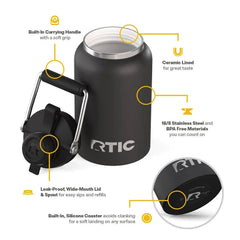 RTIC Half Gallon Ceramic Lined Insulated Outback Water Bottle Jug, Leak Proof, Black