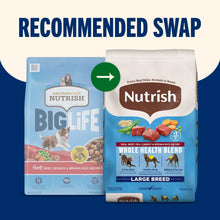 Nutrish dry dog food bags on swap display, featuring whole health blend large breed bag