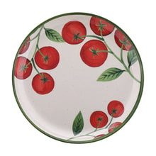 Tomato-pattern dinner plate with green rim and red fruit design