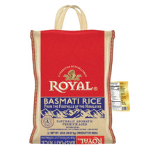 Royal basmati rice bag with red front and small side nutrition label