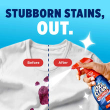 OxiClean Max Force spray bottle treating stains on a white T-shirt before and after.
