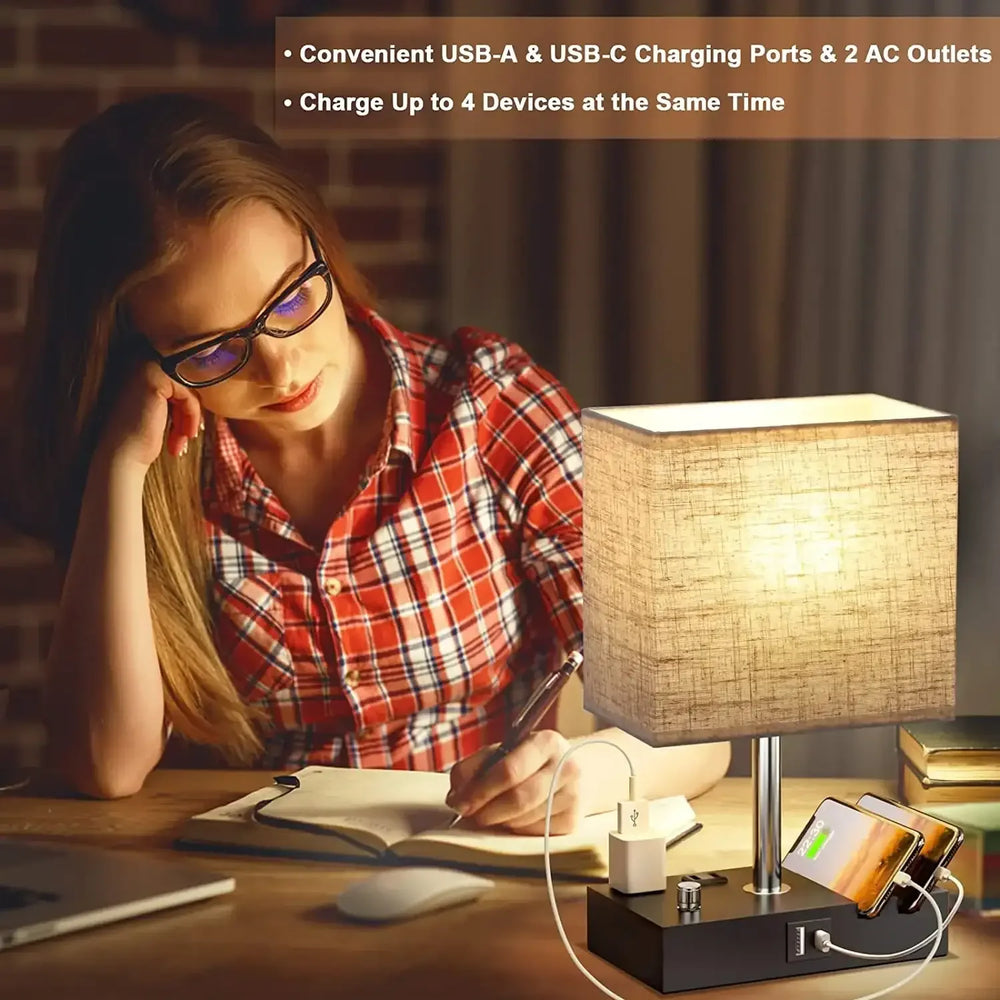 GPED Bedside Table Lamp for Bedroom with Dual Fast USB Charging Ports, Fully Dimmable Nightstand Lamps with 2 Phone Stands and 2 Charging Outlets, Desk lamp with Fabric Shade for Living Room - USA MEGA SHOP