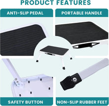 Foldable step stool with black ribbed platform, carry handle, safety button, rubber feet.