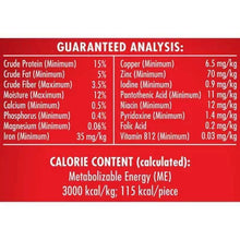 Dog treat package panel with guaranteed analysis numbers and calorie content, per piece