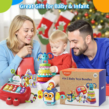 Baby toy bundle with elephant stacking rings, red 4-in-1 activity toy, and boxed set