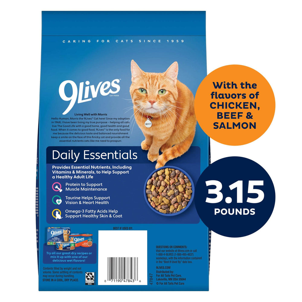 9Lives Daily Essentials Dry Cat Food with Chicken, Beef & Salmon Flavors, 3.15 lb. Bag
