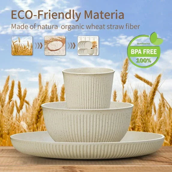 TINANA Wheat Straw Dinnerware Set, Service for 4, 48 PCS Unbreakable Plastic Plates and Bowls Sets, Dishwasher Microwave Safe, Beige
