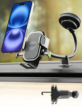 Car dashboard phone mount with vent-style cradle and suction cup arm