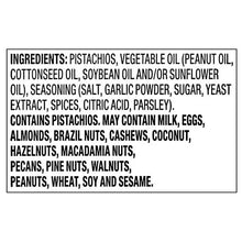 Ingredients label for garlic and herb roasted pistachios tub