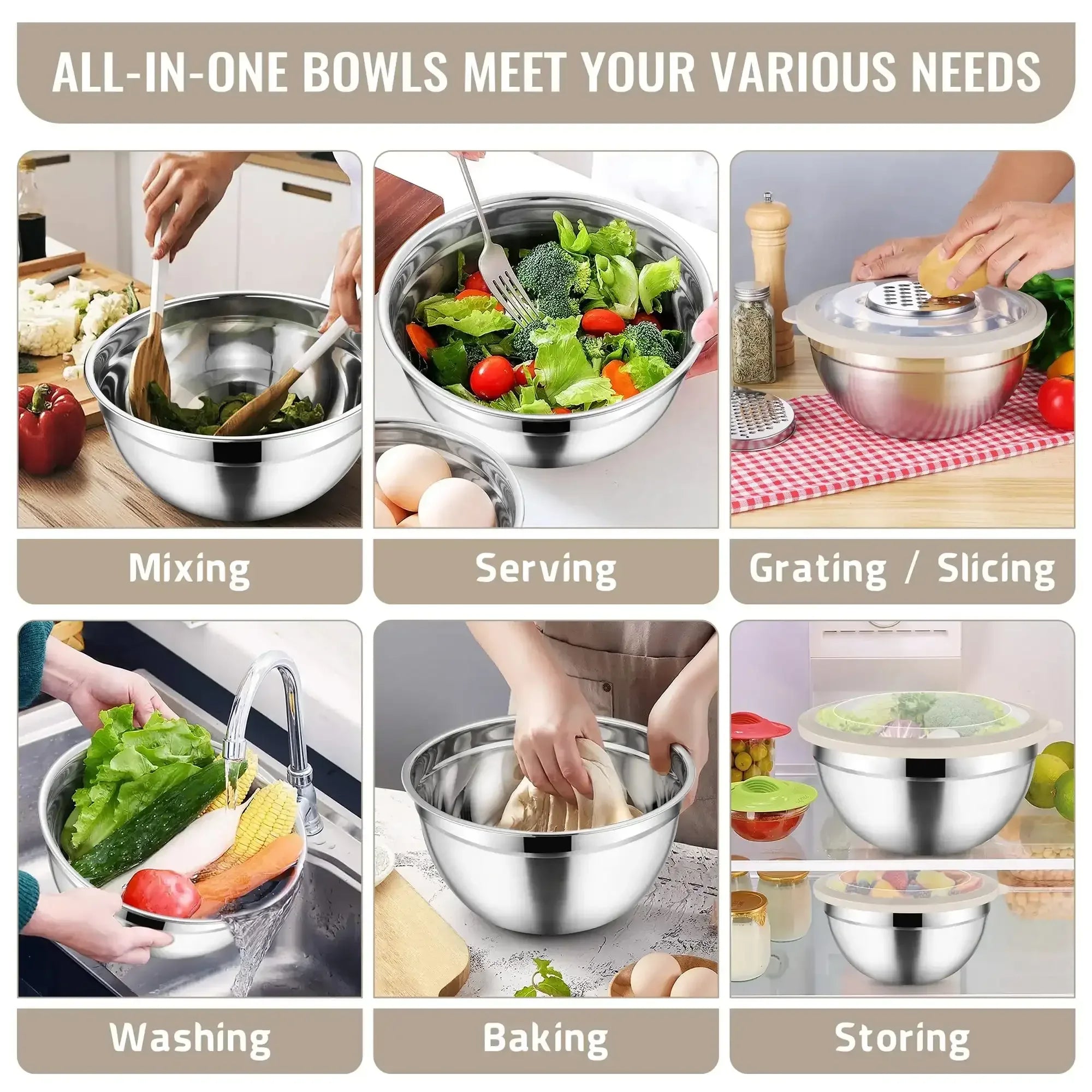 Vesteel Mixing Bowls with Lids Set of 8, Stainless Steel Prep Bowls with Upgraded Airtight Visible Lid, Metal Nesting Bowl Attach with 3 Graters for Kitchen Grating/ Shredding / Mixing - USA MEGA SHOP