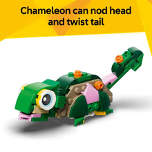 Green chameleon building toy with articulated head and twist tail
