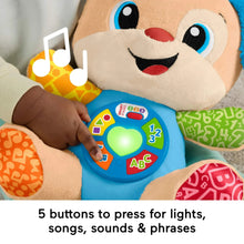 Plush puppy with blue ears and smiling face, pressing learning buttons