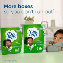 Puffs Plus Lotion facial tissue boxes set, green with character mascot