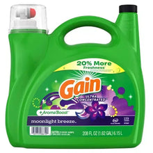 Green laundry detergent jug with black cap and front label for Gain AromaBoost