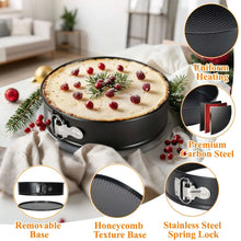 Black round springform cake pan with latch and perforated base, holding cheesecake.