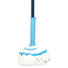 Microfiber twist mop with blue ribbed handle and white head with blue bands