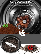 Electric coffee burr grinder grinding chamber with visible coffee beans inside