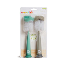 Munchkin sponge bottle brush 2 pack in carded package with gray and sage handles