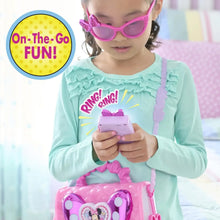 Pink Minnie Mouse on-the-go play wallet with heart design and bow accents