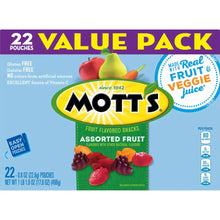 Mott's value pack box showing 22 assorted fruit snack pouches, gluten-free