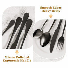 Black stainless steel cutlery with smooth edges, mirror-polished finish, ergonomic handles.