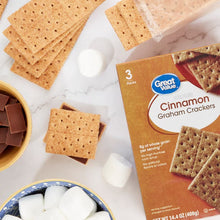 Cinnamon graham cracker squares with a 3-pack box, snack-size crackers