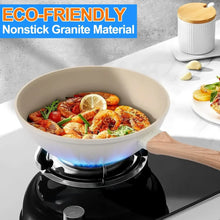 Beige nonstick wok pan with wood handle on induction cooktop