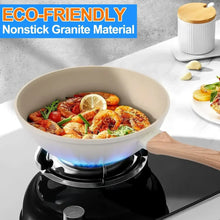Nonstick skillet with wood handle, cooking food on a gas burner