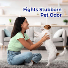 Liquid fabric softener ad with woman kneeling and pet on carpet