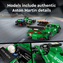 Assembled green LEGO safety race car with cockpit, wheels, and front light details