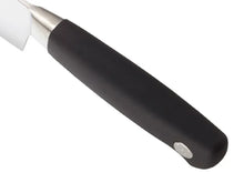 Chef's knife black handle close-up with bolster and blade connection
