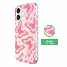 iPhone phone case with pink butterfly design and side button cutouts
