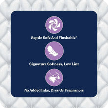 Quilted Northern quilted toilet paper feature icons: septic safe, low lint