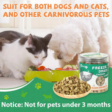Freeze-dried chicken liver treats jar next to cat treats on a bowl with pets