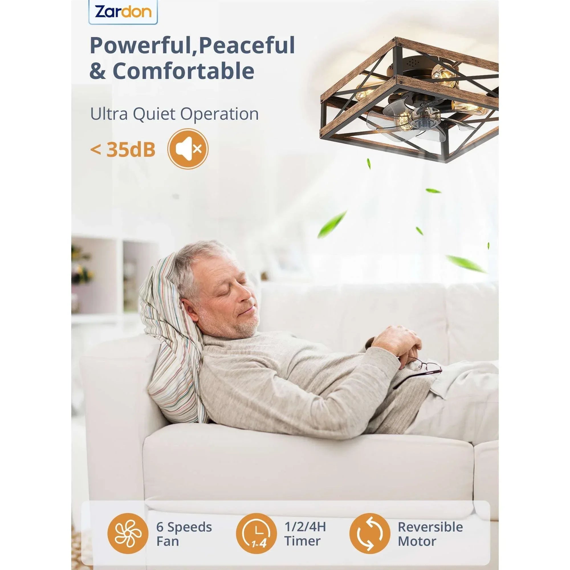 Zardon 16" Low Profile Caged Ceiling Fan with Light & Remote Control, Modern Brown Wood Finish, 6-Speed Quiet DC Motor for Indoor Spaces - USA MEGA SHOP