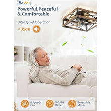 Caged ceiling fan with quiet operation and 6-speed reversible motor