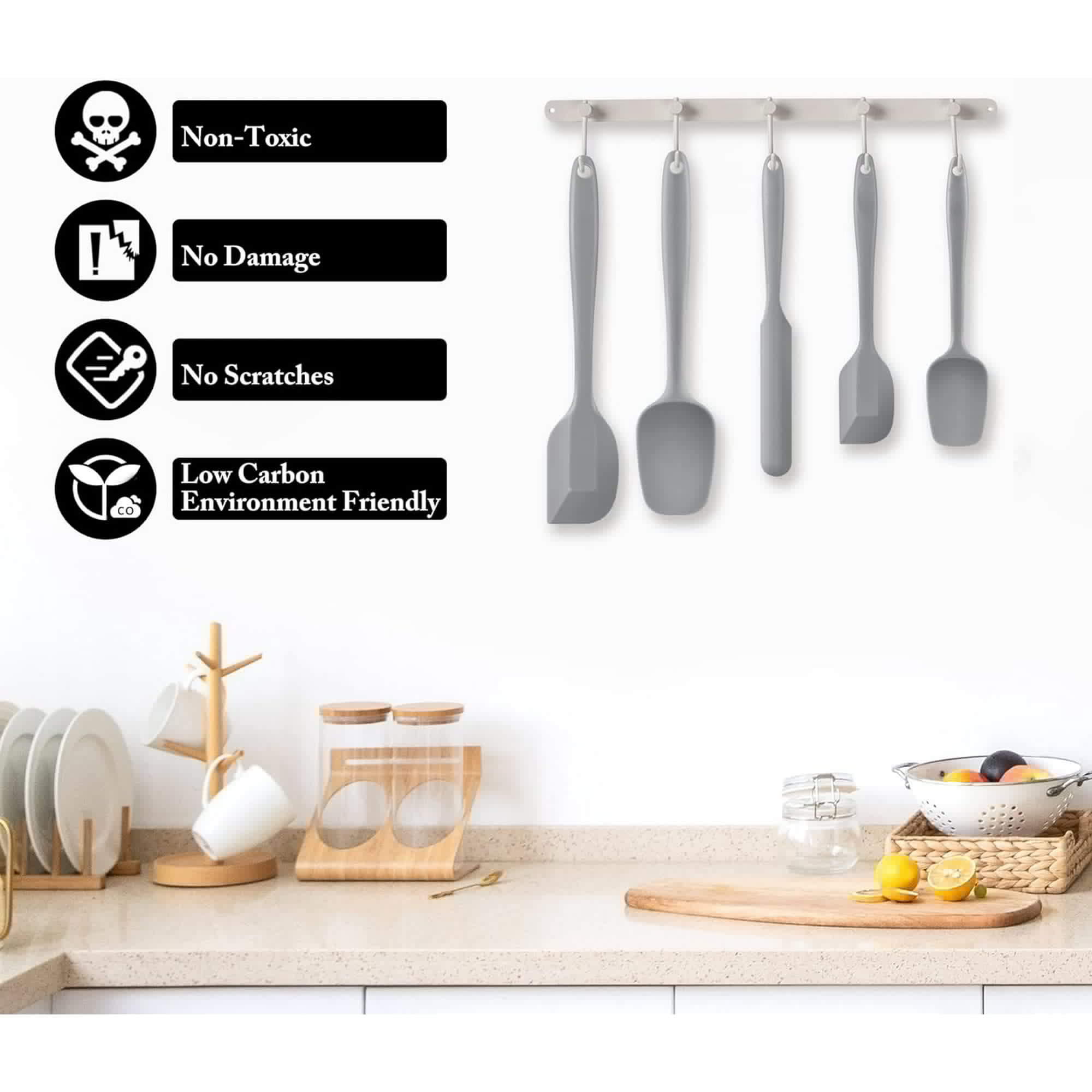 Food Grade Silicone Rubber Spatula Set for Baking, TAIMASI 5Pcs Cooking Utensil Set, High Heat Resistant Non Stick Dishwasher BPA-Free-Gray