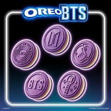 OREO BTS sandwich cookies, five purple cookies with BTS-themed embossed icons