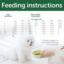 White puppy with kibble in a bowl as hand offers food beside feeding chart