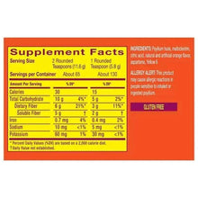 Psyllium fiber supplement facts panel, serving size 2 teaspoons