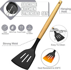 AOKIWO Kitchen Utensils Set- 34PCS Silicone Cooking Utensil Set with Wooden Handles, Heat Resistant Kitchen Spatula Gadgets Tools Set for Nonstick Cookware-Black