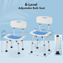 6-level adjustable bath seat with backrest, blue padded seat, and height adjustment posts