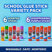 School glue stick variety pack with 6 scented sticks and 6 disappearing purple sticks