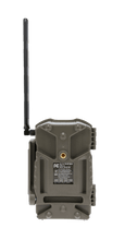 Cellular trail camera rear view with access panel, label area, and long antenna