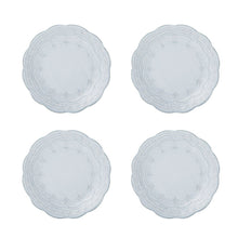 Round blue stoneware dessert plates with raised lace-style border