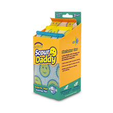 Non-scratch scour pads three-pack with blue, yellow, and green speckled mesh covers