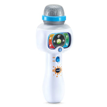 White karaoke microphone toy with blue band and gray speaker top, front control panel visible