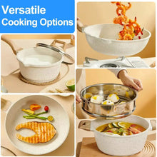 Speckled nonstick cookware pot and pan set for versatile cooking