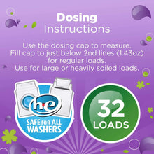 Laundry detergent dosing instructions panel with 32 loads and he safe symbol