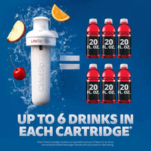 Plastic bottle with chill sleeve and six red flavor cartridge bottles